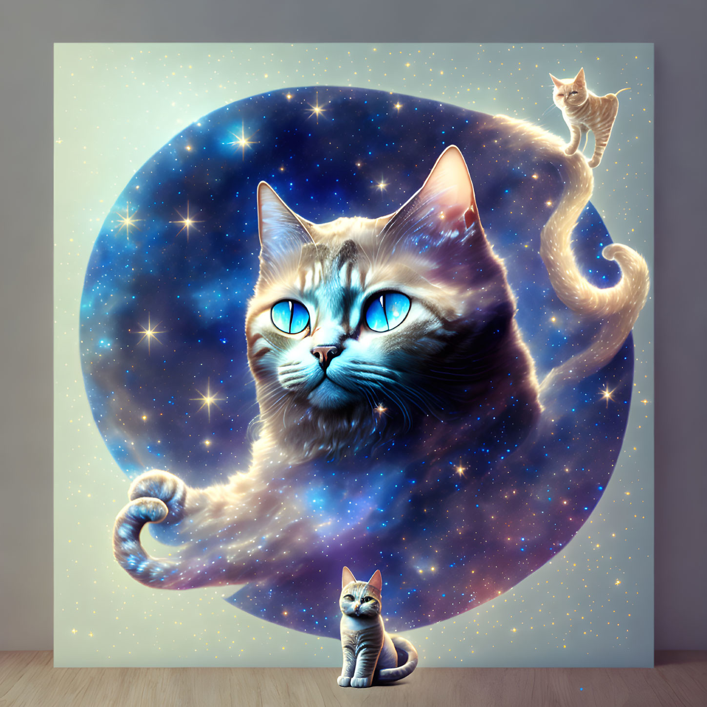Colorful Cosmic Cat Wall Art with Stars and Swirling Tail