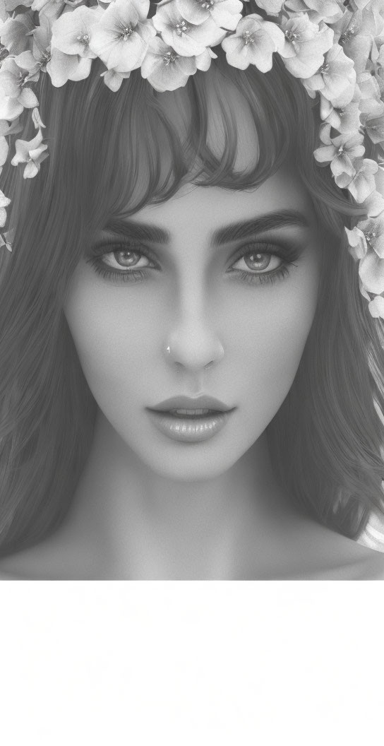 Monochrome portrait of woman with floral crown and intense gaze