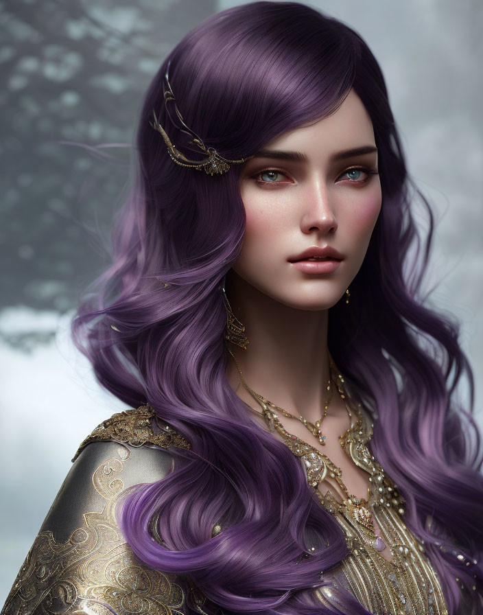 Portrait of woman with red eyes, purple hair, and gold jewelry