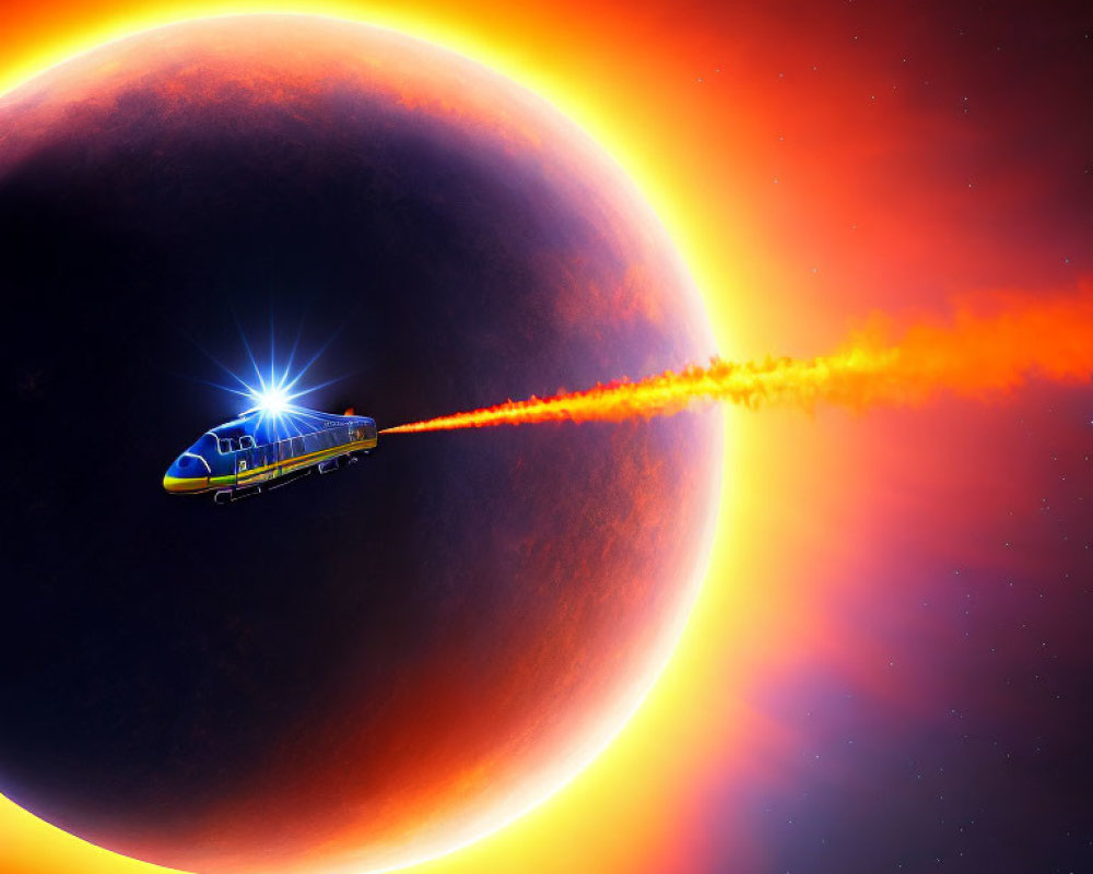 Bright thruster spacecraft near planet with orange sun in deep space