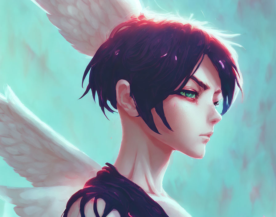 Person with Short Black Hair, Green Eyes, and White Wings in Aqua Setting