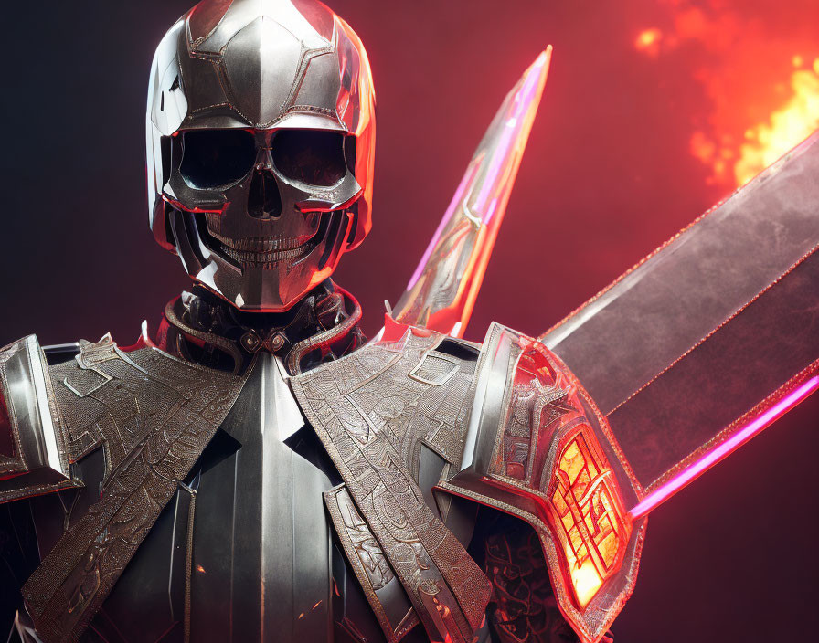 Futuristic knight with skull helmet, neon sword, and shield in smoky scene