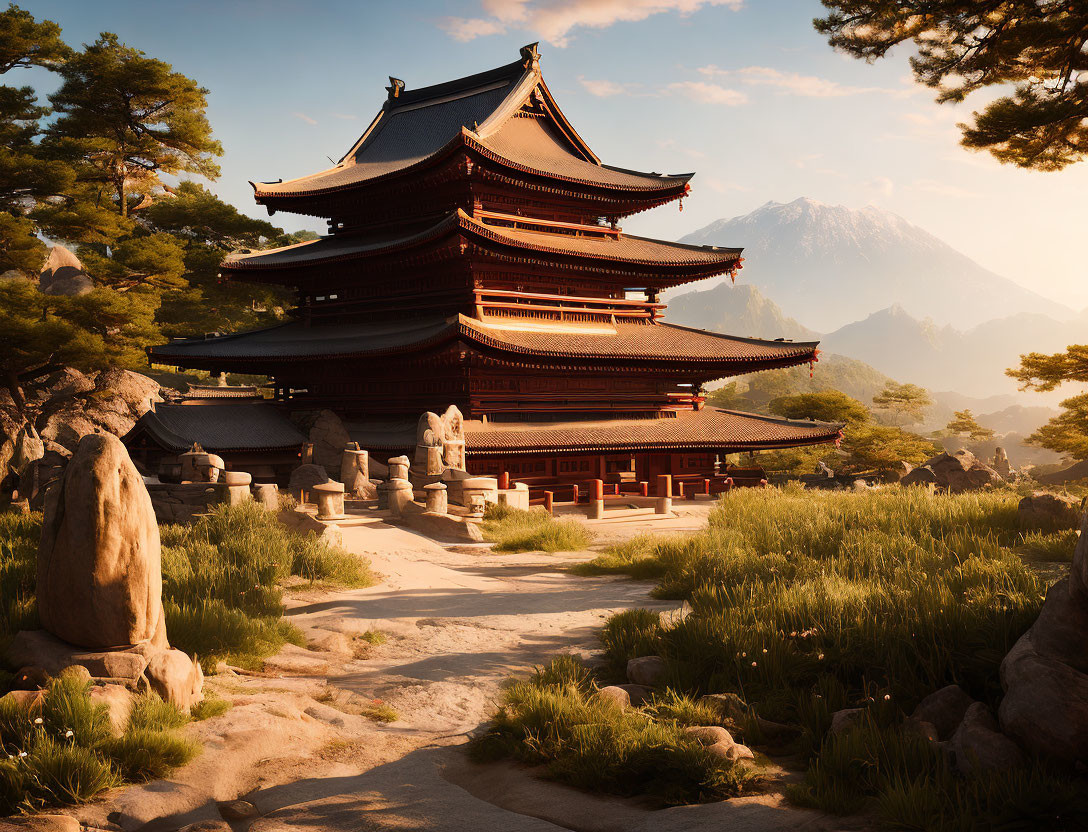 Tranquil landscape with pagoda, lanterns, statues, and mountain at sunrise or sunset