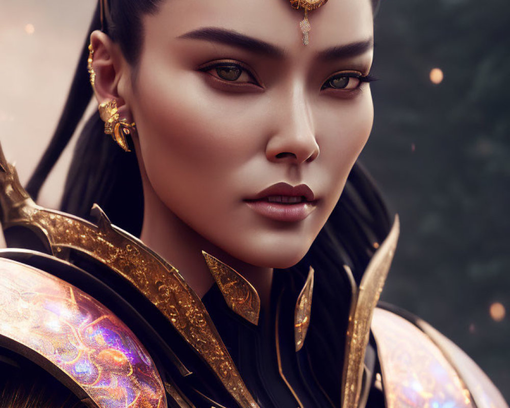 Elaborate gold jewelry and ornate armor portrait in subtle setting