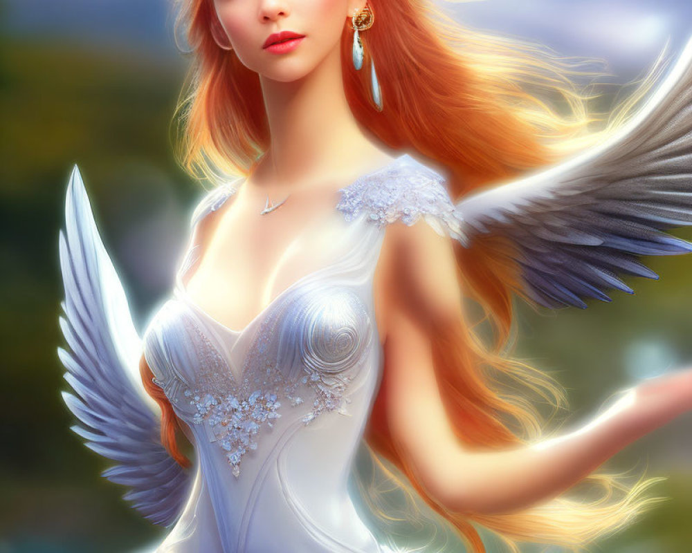 Female angel digital art: White wings, red hair, elegant dress on cloudy sky