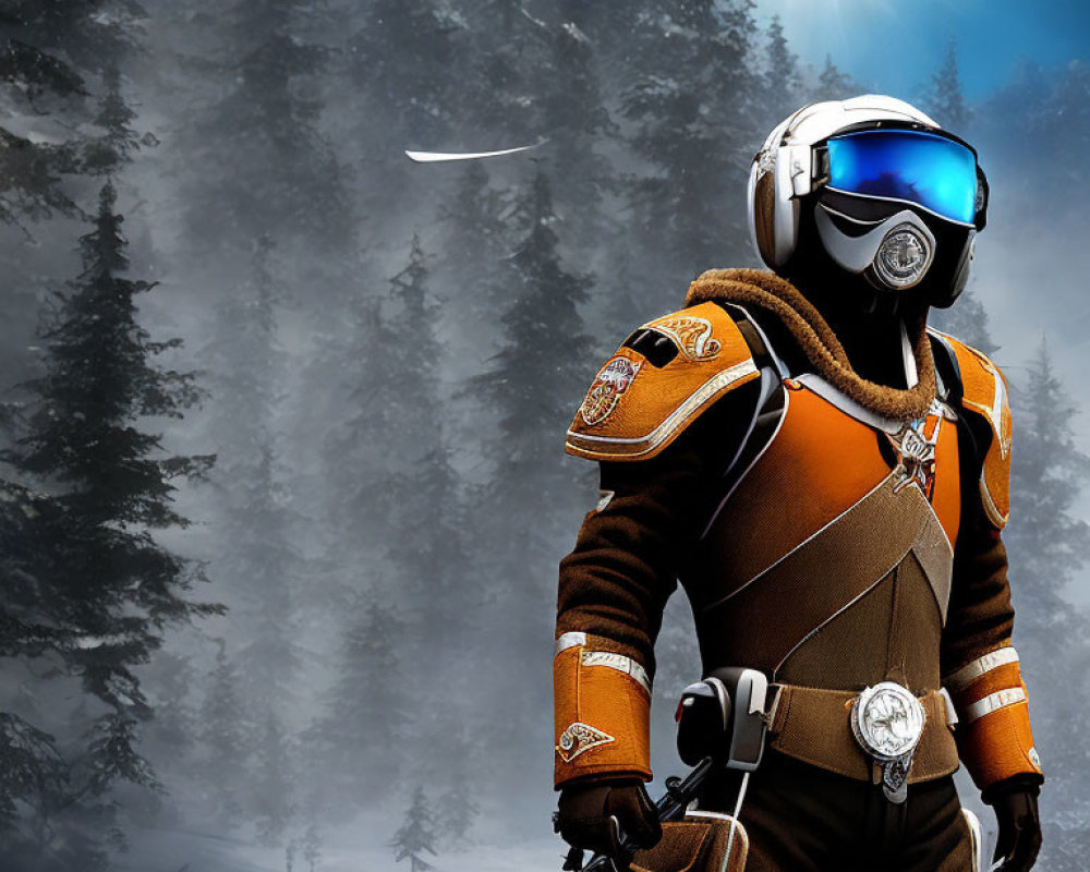 Skier in Orange and Brown Suit with Reflective Visor Helmet in Snowy Forest