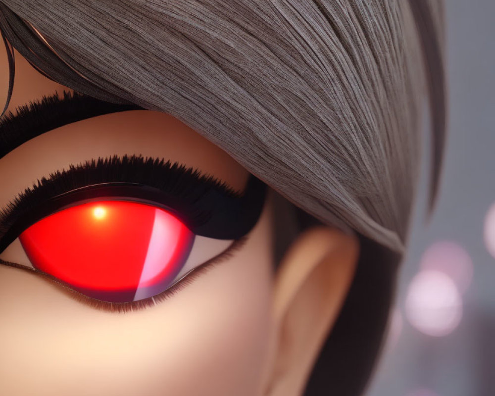 Silver-haired 3D character with glowing red eye in intense close-up.