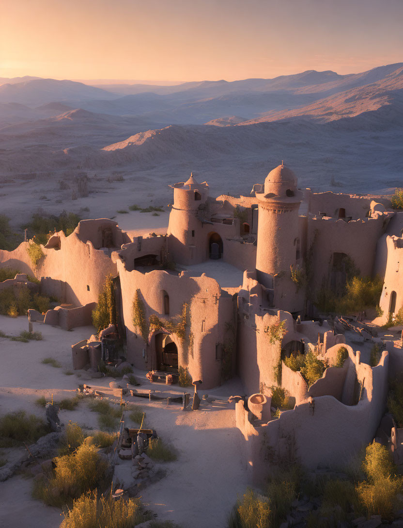 Ancient fortress with domed structures in desert sunset glow