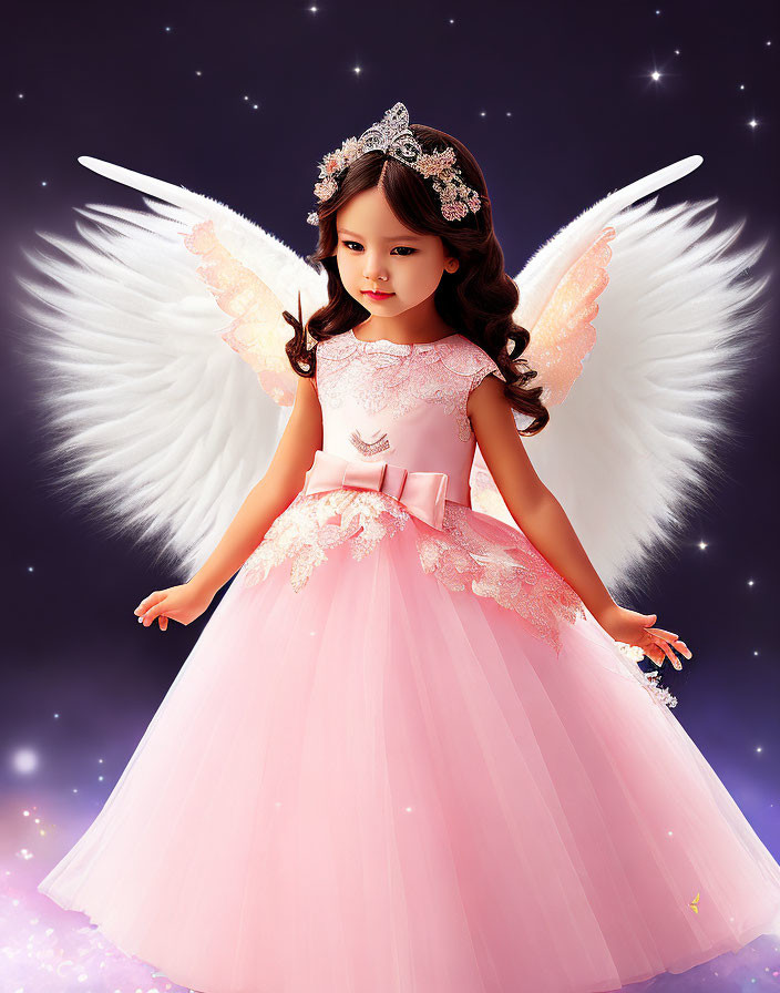 Child in Pink Dress with Angel Wings on Starry Background