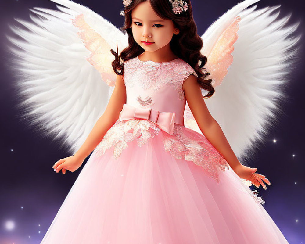 Child in Pink Dress with Angel Wings on Starry Background