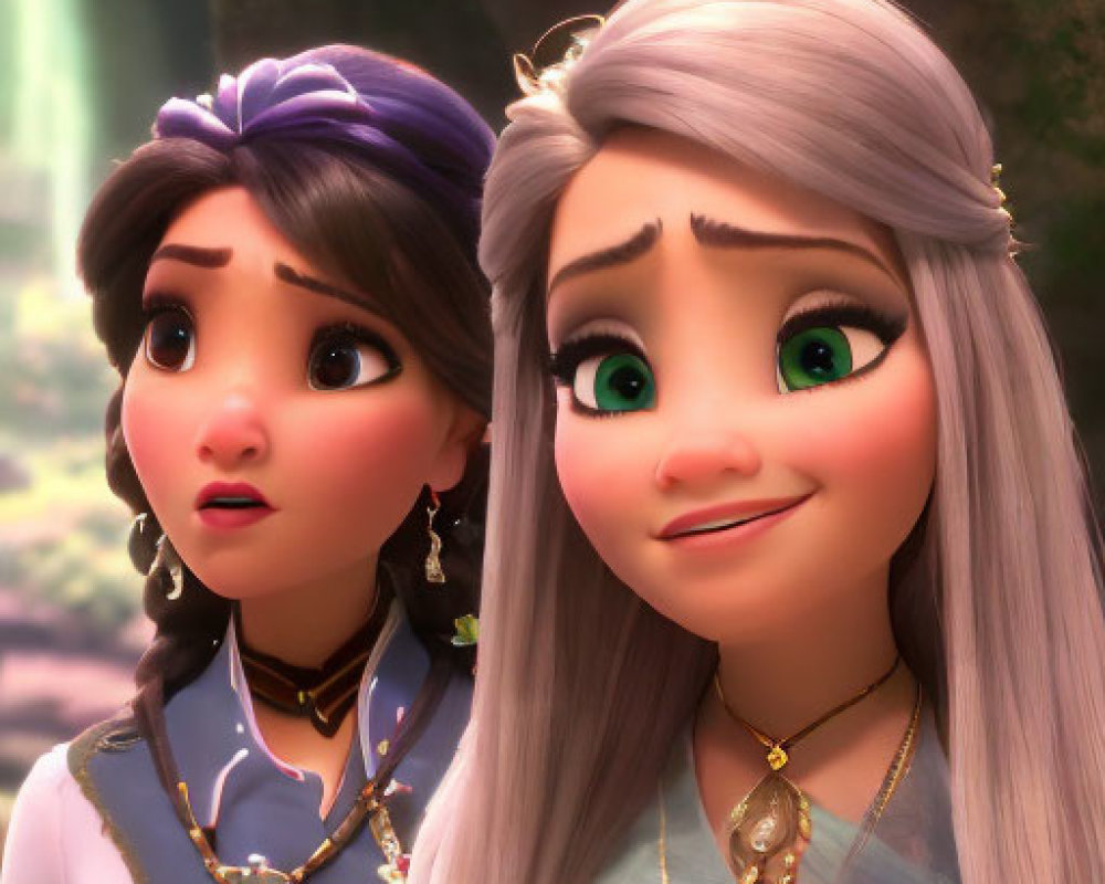 Two female characters with big eyes, one in a purple headband and the other with long silver hair