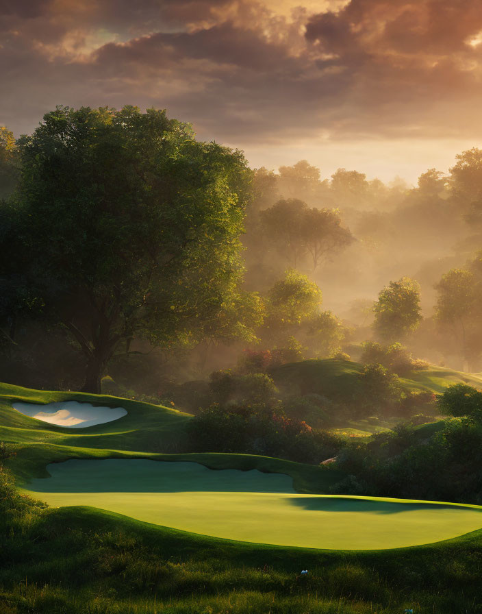 Tranquil Golf Course at Sunrise with Green Fairways
