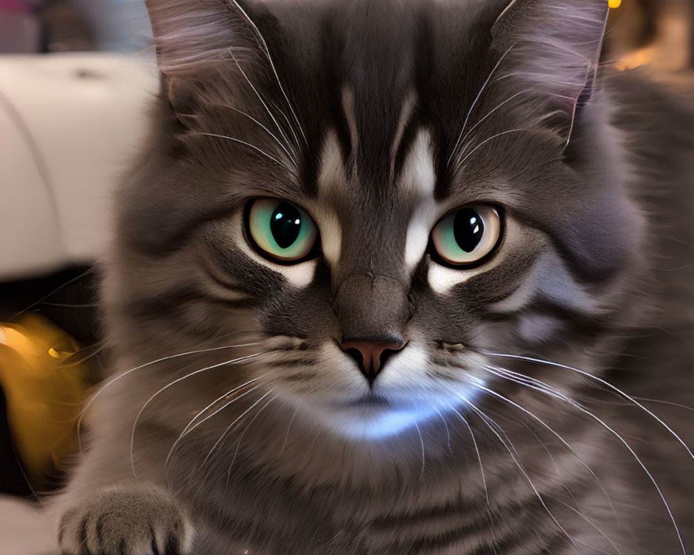Gray Tabby Cat with Green Eyes Surrounded by Soft Lights and Reflections