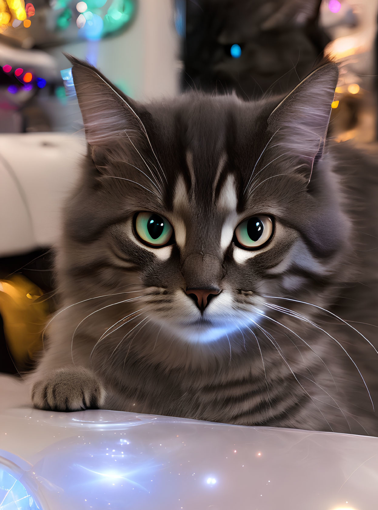 Gray Tabby Cat with Green Eyes Surrounded by Soft Lights and Reflections