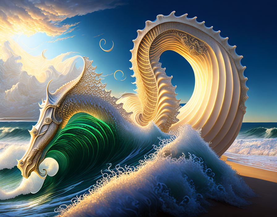 Digital art: Stylized dragon wave under vibrant sunset sky