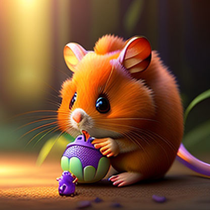 Animated hamster with orange and white fur holding a small purple and green toy on wooden surface