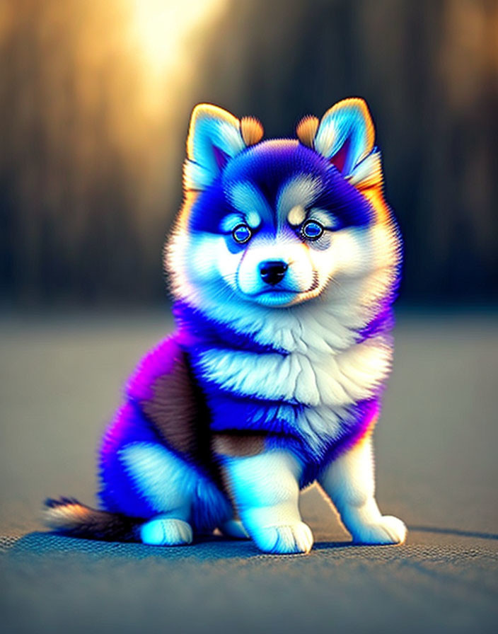 Colorful Digital Art of Fluffy Dog with Blue and Purple Fur