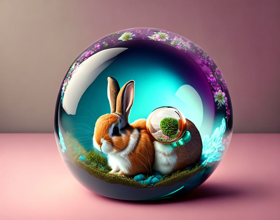 Whimsical rabbit art piece with crescent moon on glossy sphere