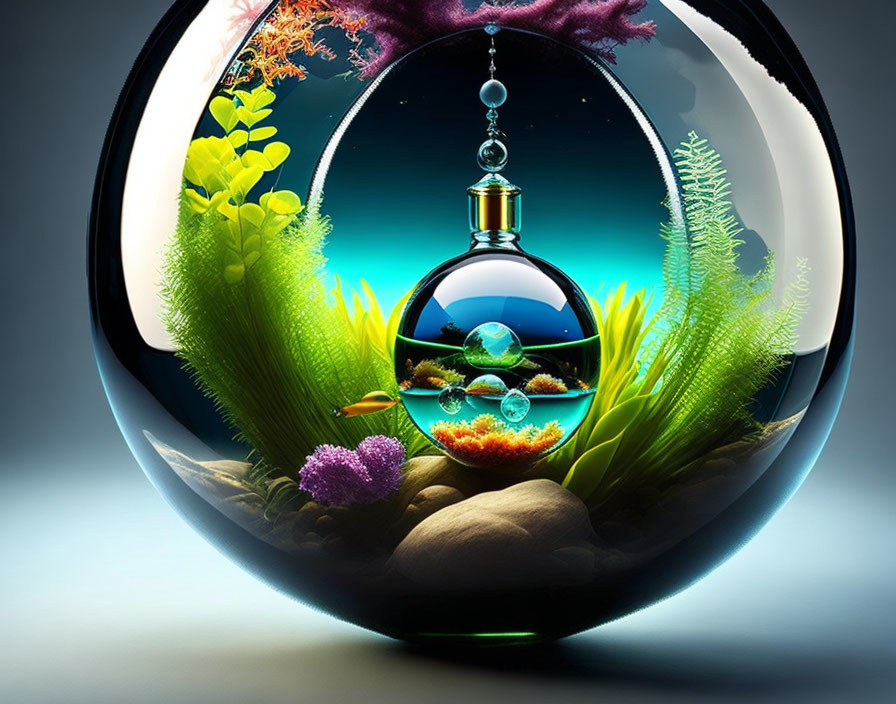 Colorful Artistic Depiction of Spherical Fishbowl with Underwater Scene