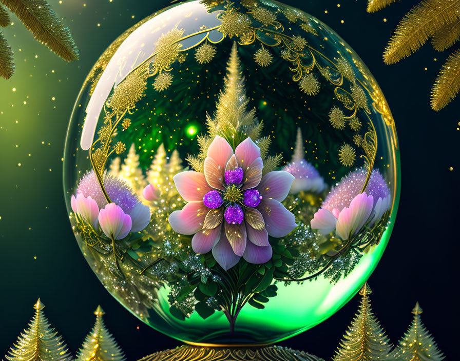 Colorful digital artwork: Translucent sphere with pink flowers and golden foliage on dark background