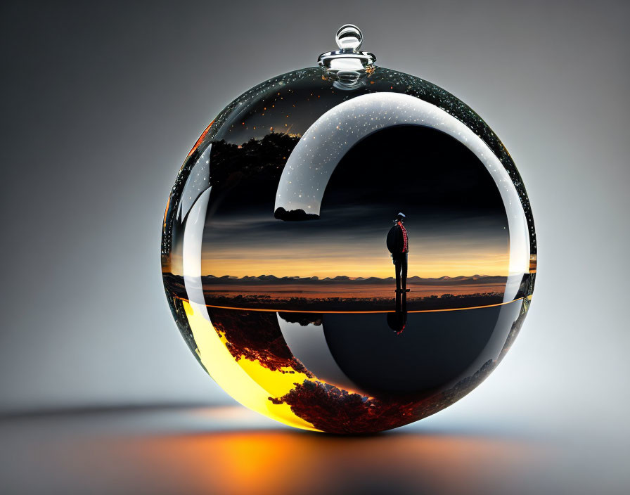 Spherical ornament with contrasting landscapes and lone figure at center