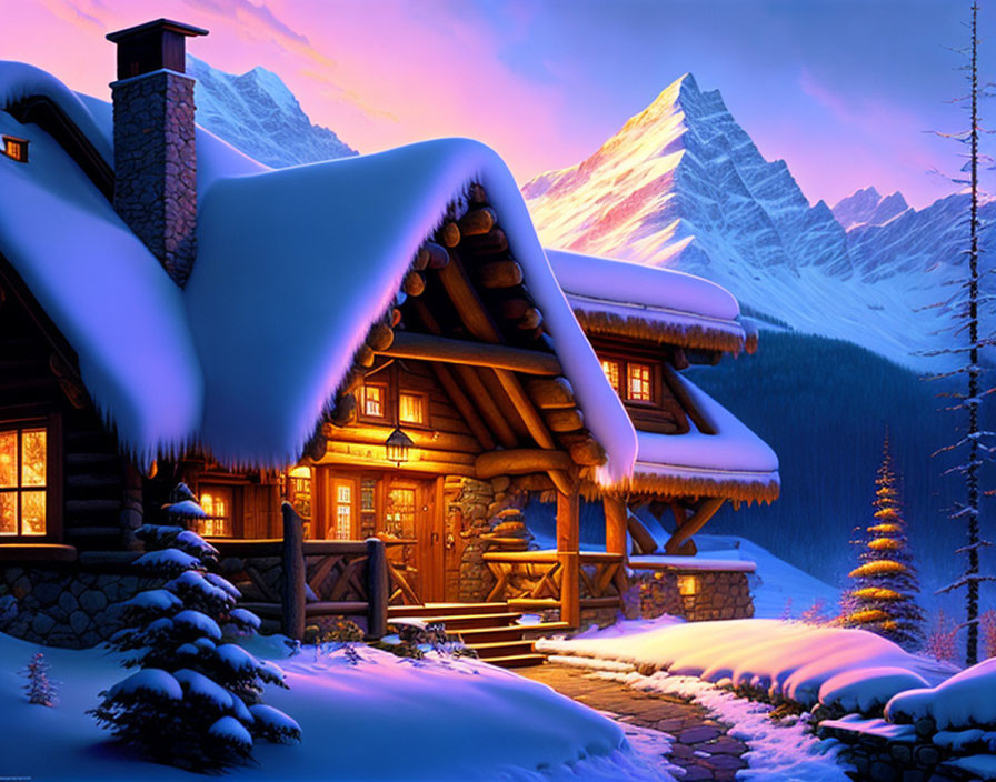 Snow-covered log cabin in serene mountain landscape at twilight