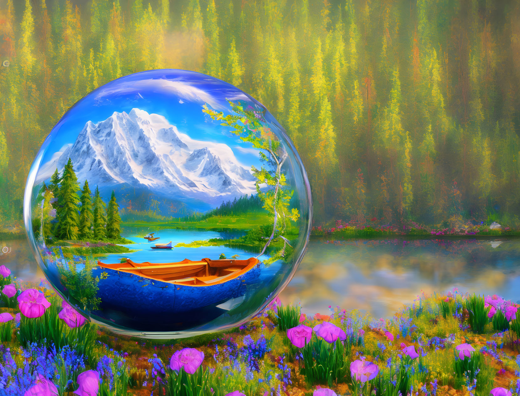 Colorful mountain landscape in transparent sphere with meadow, lake, and boat