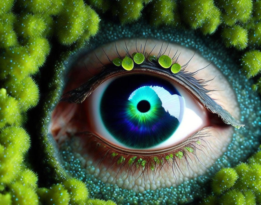 Close-up of vivid blue human eye with enlarged pupil surrounded by green, plant-like structures with dew drops