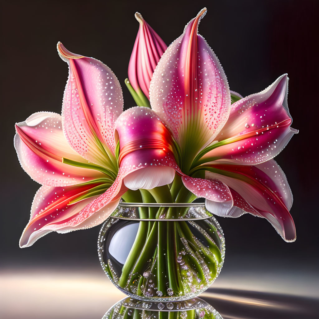 Colorful lilies in glass vase with gradient background