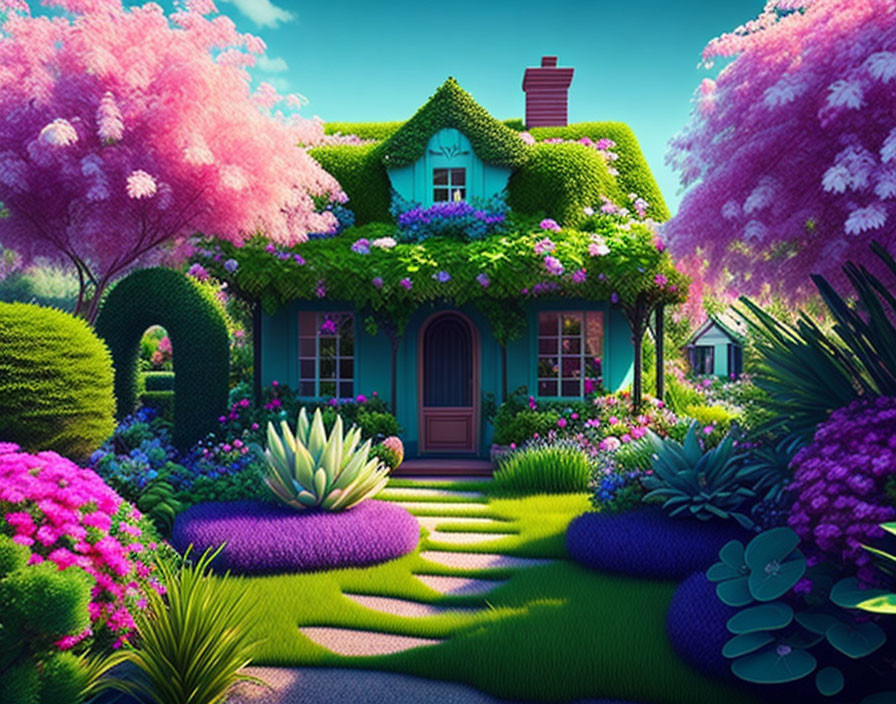 Whimsical cottage illustration with pink trees and vibrant flowers