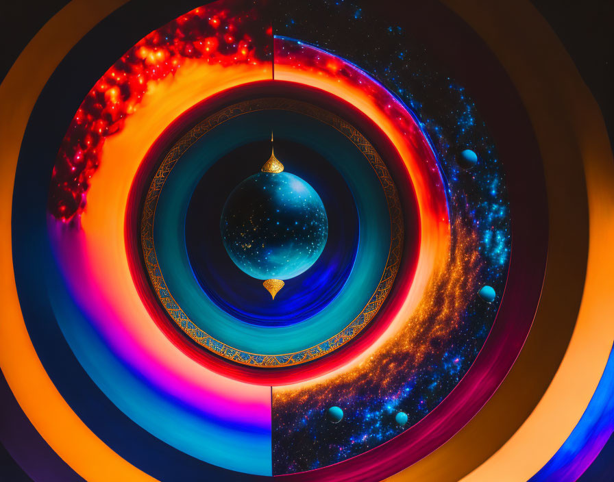 Colorful digital art: concentric circles with cosmic textures and fiery elements, centered on planet-like ornament