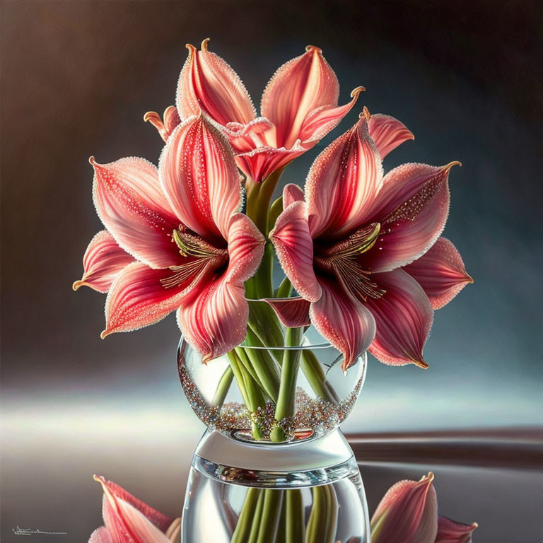 Pink and White Striped Lilies in Glass Vase on Muted Background