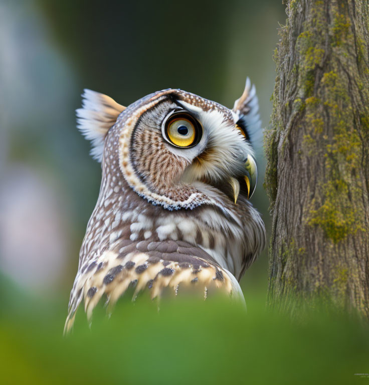 Close-Up of Great Horned Owl Peering from Tree Trunk in Lush Green Setting