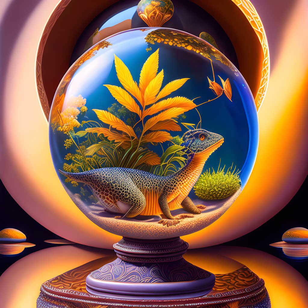 Lizard in transparent globe with lush vegetation and surreal orbs against dark backdrop