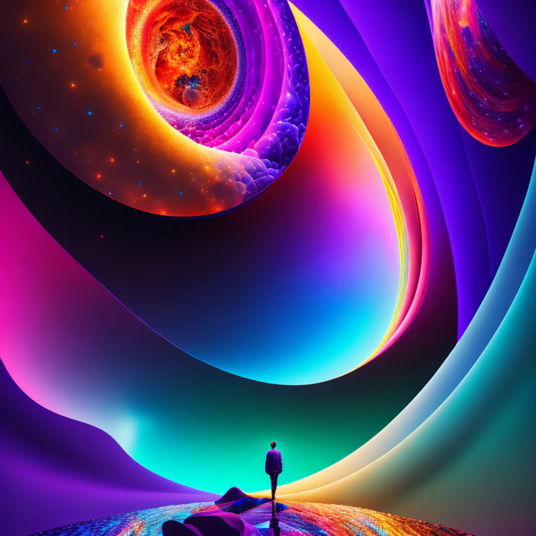 Vibrant surreal landscape with cosmic elements and abstract shapes