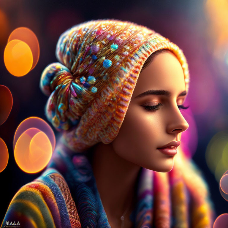 Colorful Knit Hat and Scarf in Soft Lighting with Bokeh Effects
