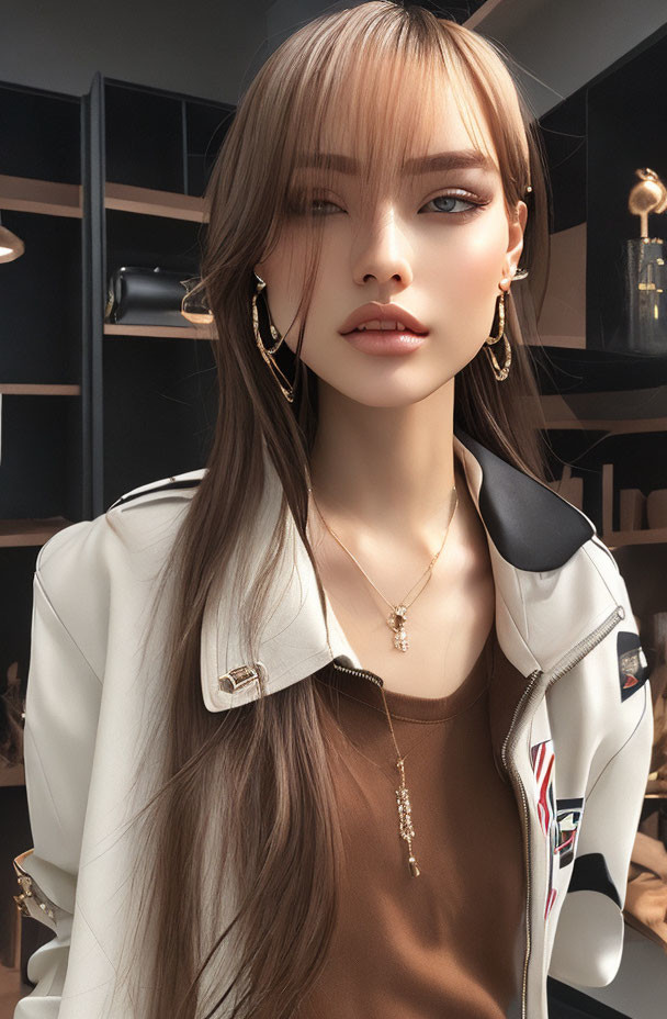 Digital artwork of woman with long brown hair, blue eyes, hoop earrings, white jacket, brown top