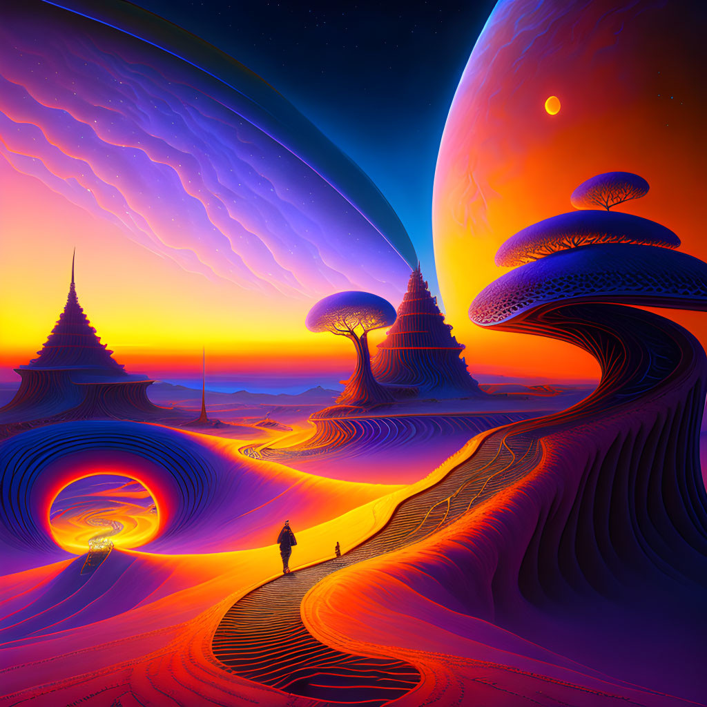 Colorful surreal landscape with oversized mushrooms and walking figure under multiple suns