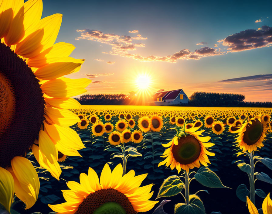 Sunflower field with blazing sunset and small house against clear sky