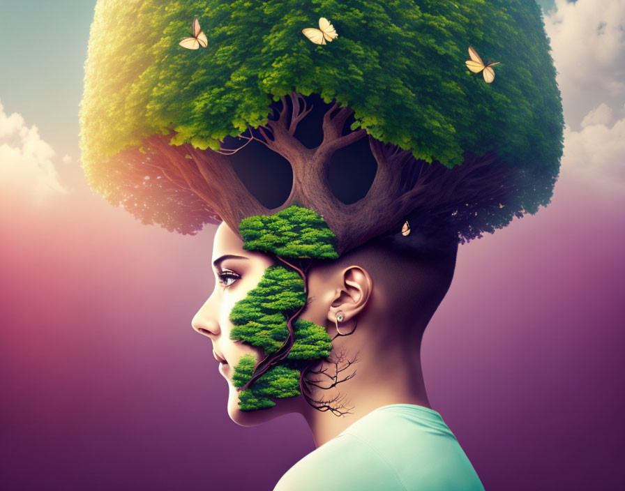 Side profile of a woman transformed into a tree with foliage hair and mossy cheeks, surrounded by butterflies