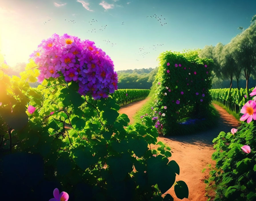 Lush Green Hedges and Pink Flowers in Vibrant Garden Scene