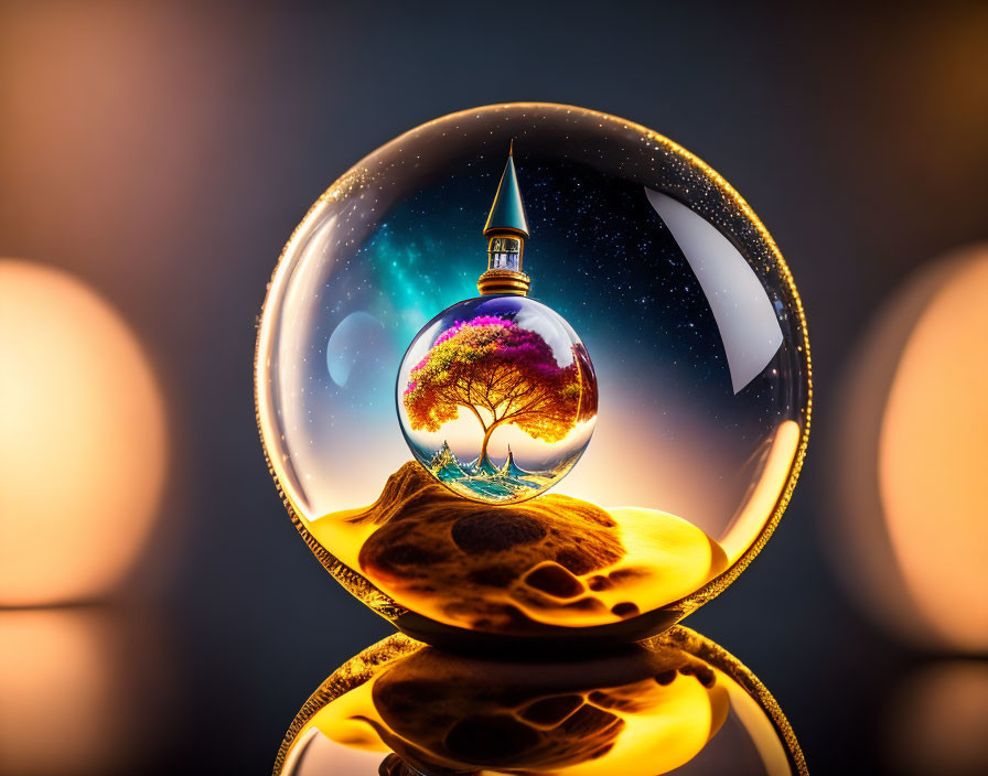 Colorful Fantasy Scene with Tree, Tower, and Celestial Bodies in Crystal Ball