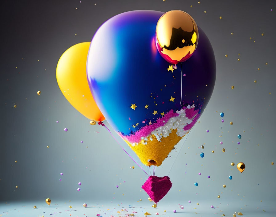 Vibrant glossy balloons and star-shaped confetti on grey backdrop