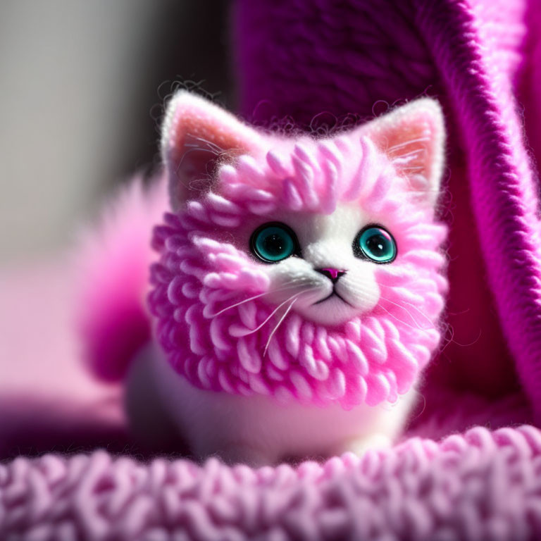Pink Plush Toy Cat with Large Green Eyes and Textured Fur Peeking Out from Fabric