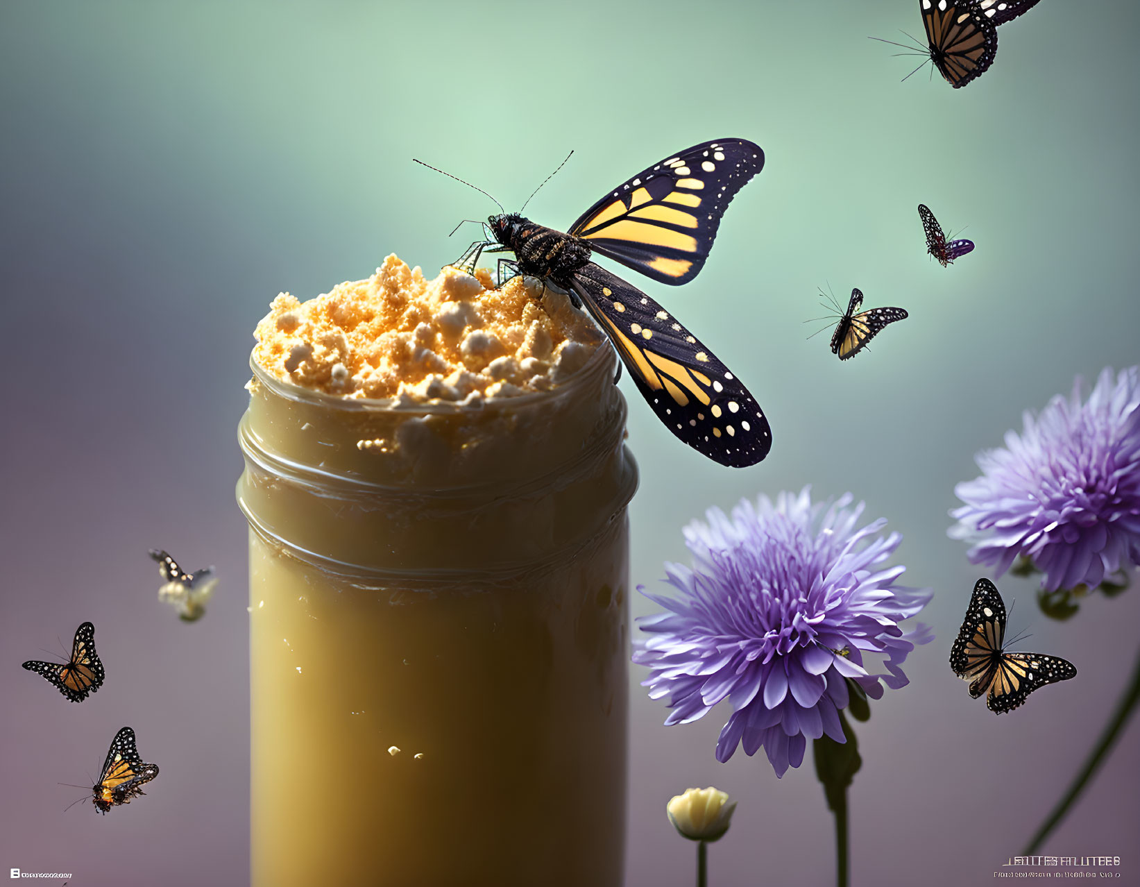 Butterfly on Honey Jar with Flowers and Bokeh Background
