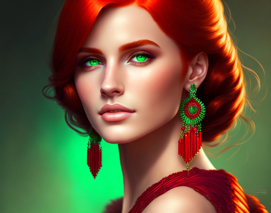 Vibrant red hair woman portrait with green eyes and elaborate earrings