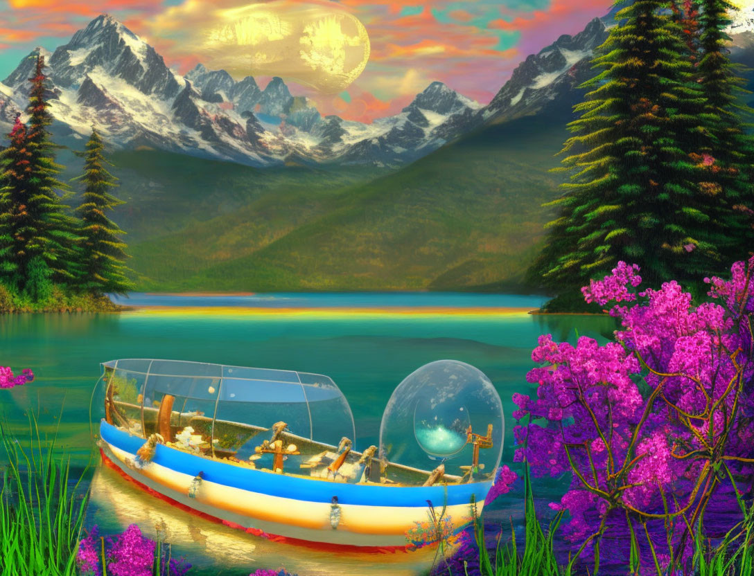 Scenic lakeside view with canoe, pink trees, mountains, moon, and crystal ball