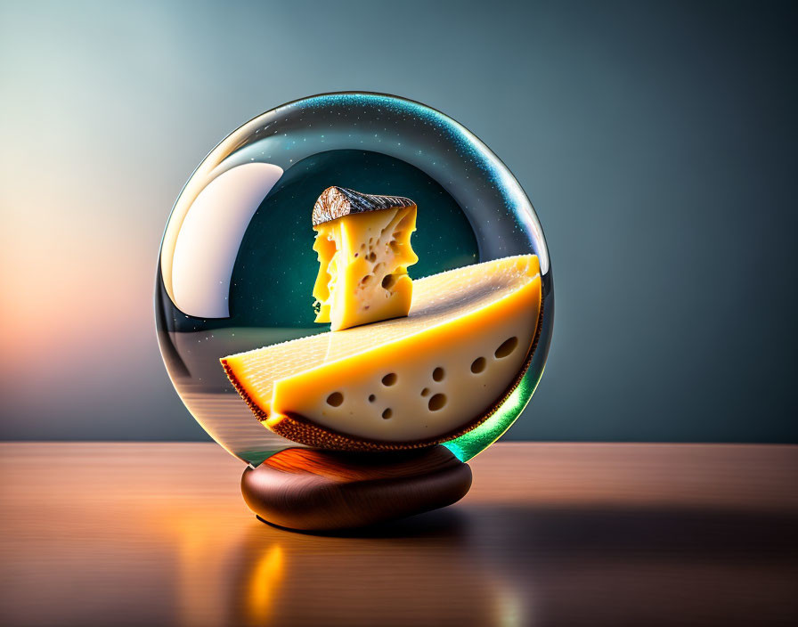 Crystal ball on wooden stand shows surreal cheese scene at twilight