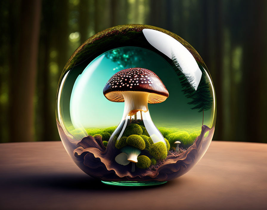 Glass sphere with mini forest scene and mushroom encapsulated.
