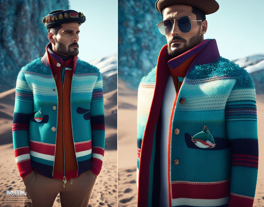Fashionable man in winter attire: colorful striped cardigan, scarf, cap, and sunglasses